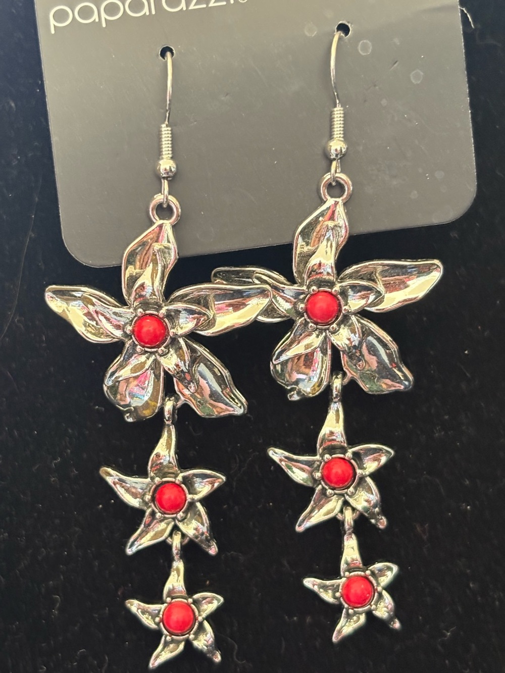 paparazzi Silver Floral Drop Earrings with Red Centers